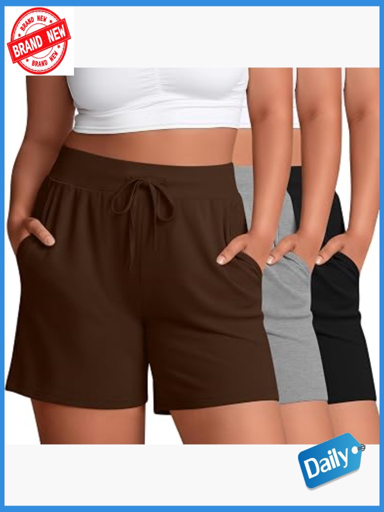 3 Pack Plus Size Bermuda Shorts High Waist Athletic Cotton Spandex